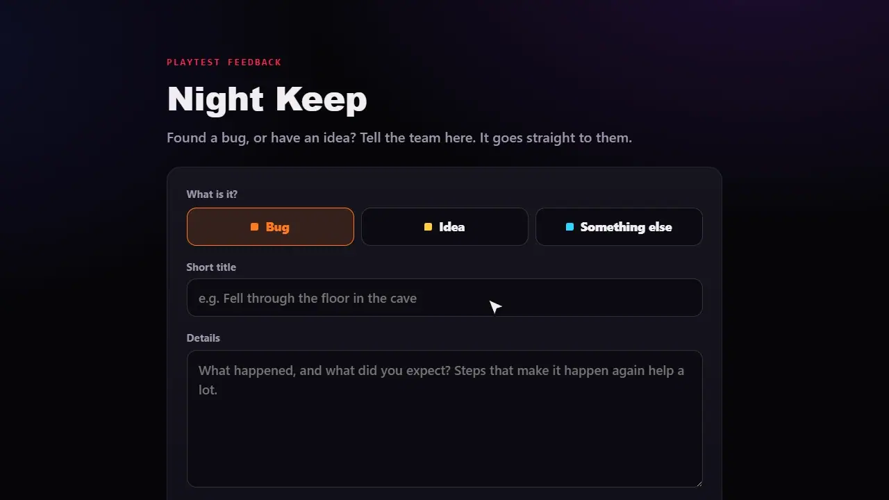 A playtester sending a bug report with a screenshot through the feedback form